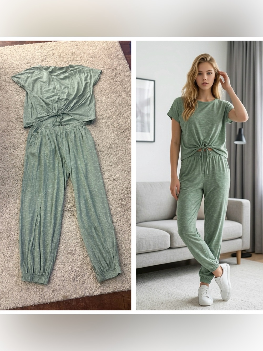 Garnet Hill Women Sz XS Light Sage Green Tie-Front/joggers Casual 2Pc Lounge Set